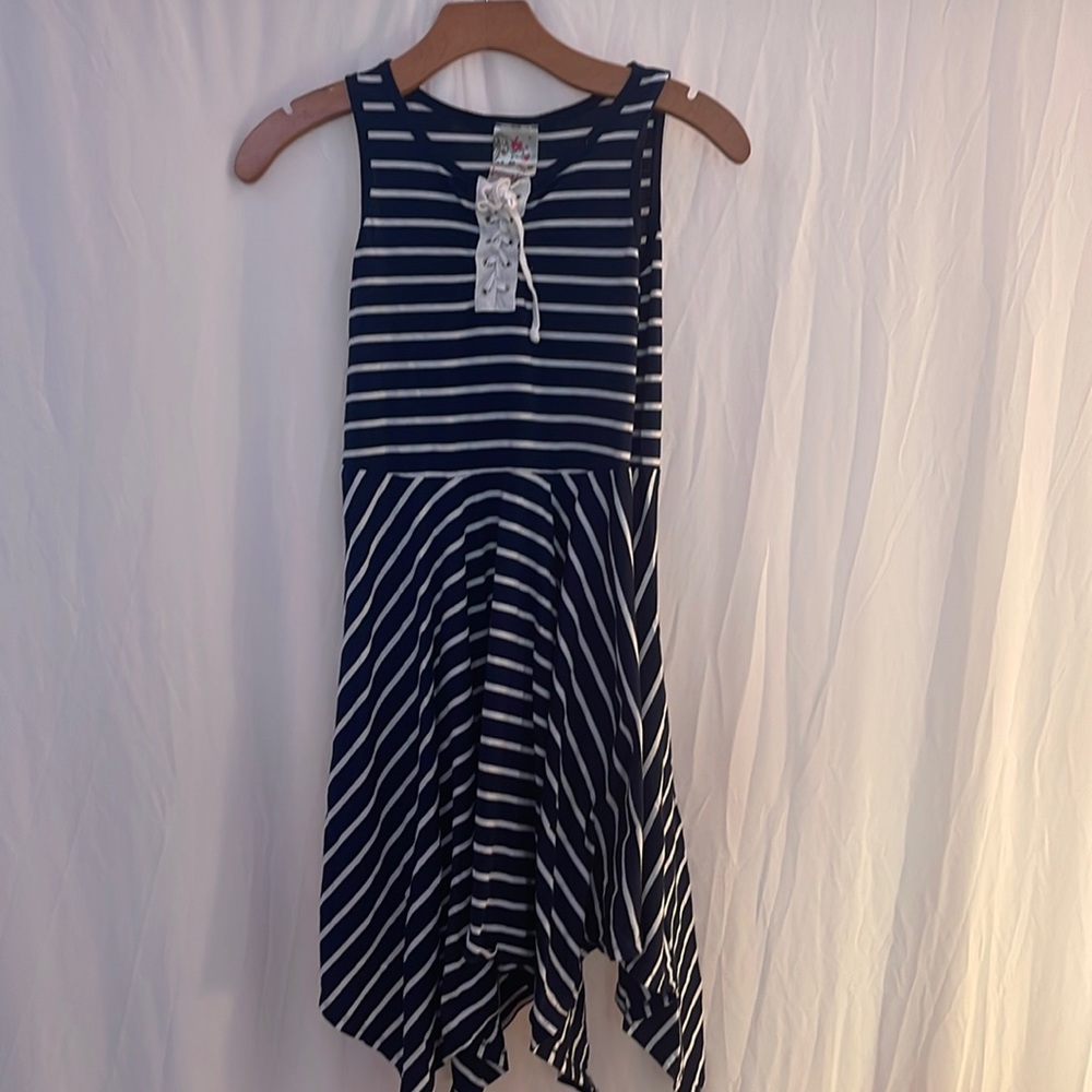Jenna and Jessie. An asymmetrical, blue and white summer dress